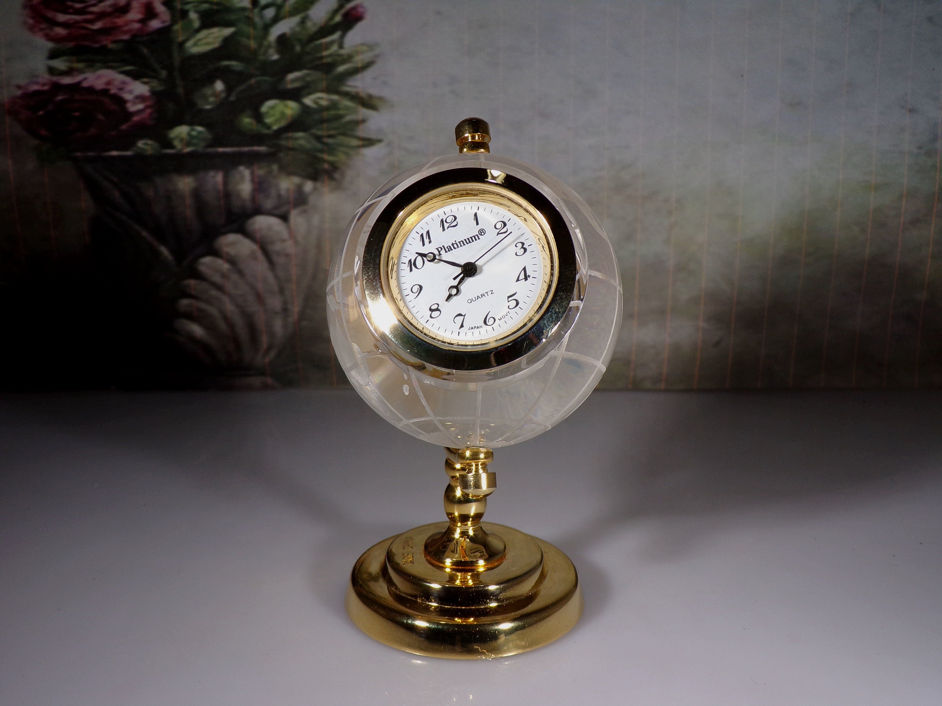 PLATINUM Etched Crystal Desktop Globe Clock, Miniature Quartz Clock