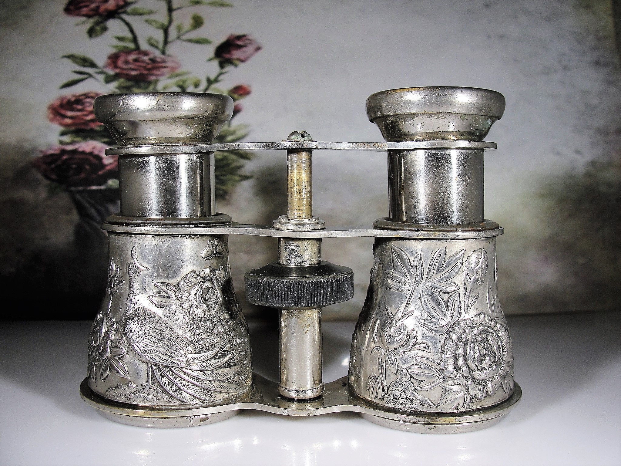 Opera Glasses, Vintage OCCUPIED JAPAN Repousse Floral Metal Work Design