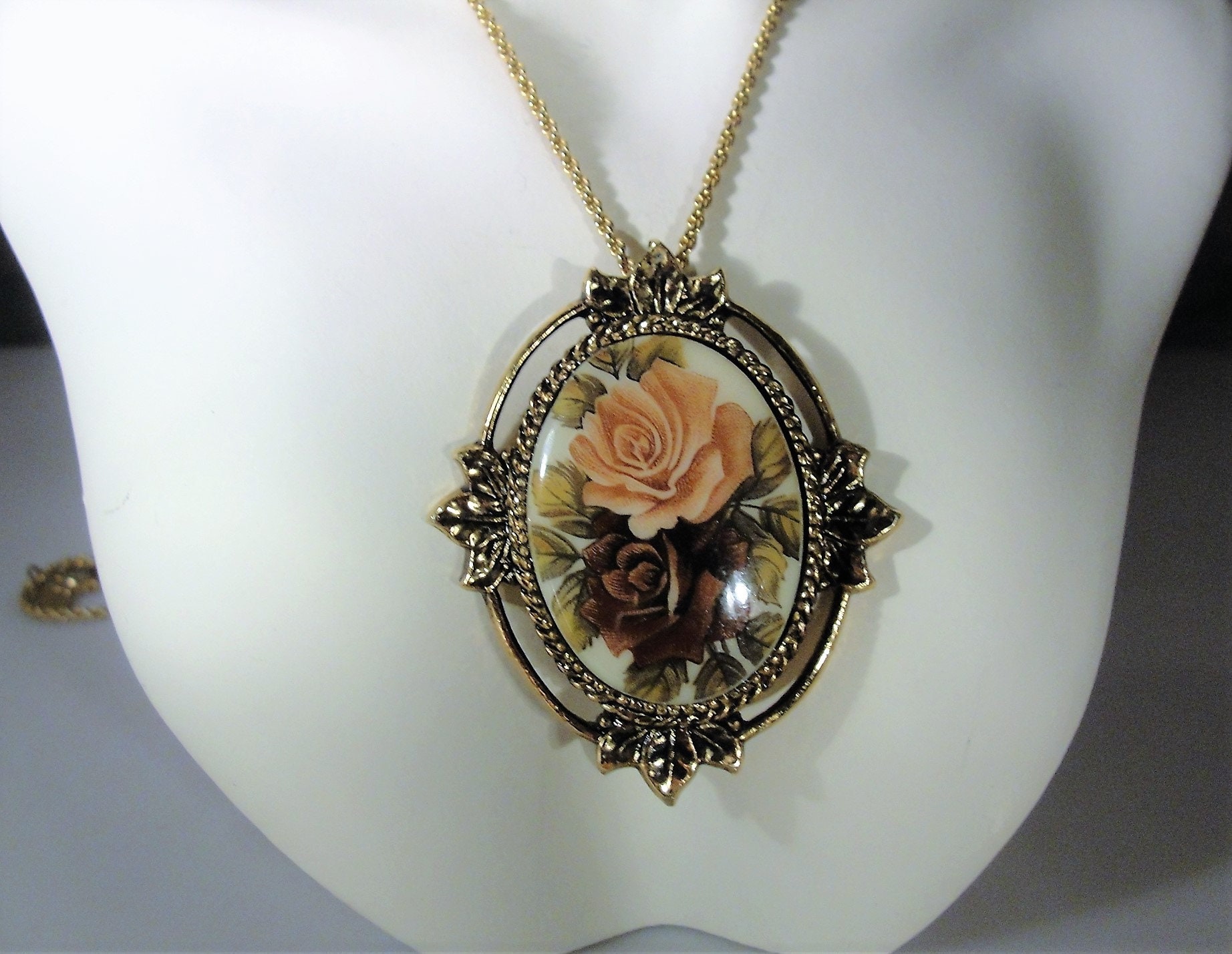 SARAH COVENTRY Rose Transfer Cameo Brass Necklace, 30 Inch Chain ...
