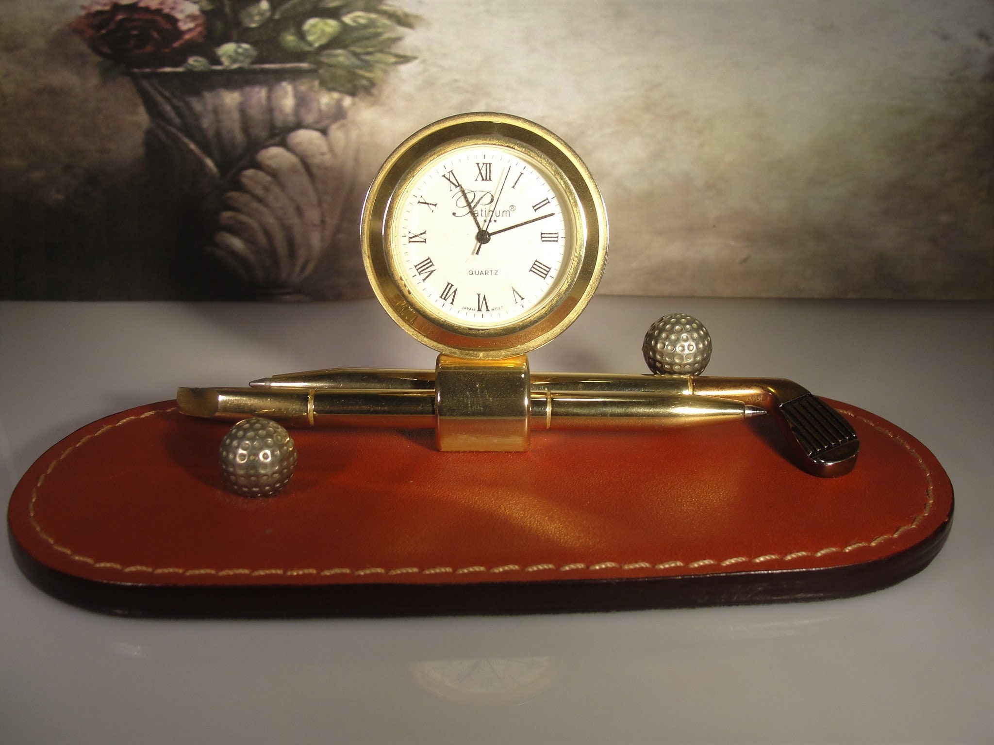 PLATINUM Golf Pen and Clock Desk Set, Consists of two Golf Club Pens