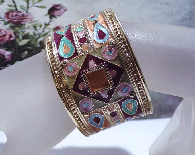 Vintage Enamel Bracelet – Ladies Gold Tone Chunky Egyptian Style Cuff Bracelet - Gold Tone with Blue, Maroon, Pink, Green, Orange Enamel