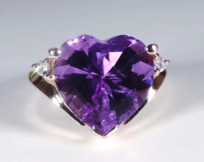 Amethyst Heart Ring – 14K Yellow Gold 5 Carat Purple Amethyst Heart Shaped Gemstone and Diamond Ring – Vintage Ring – Size 5 – Free Sizing!!