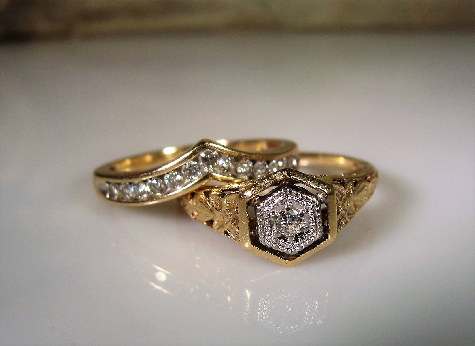 Art Deco Bridal Ring Set Wedding Rings Set 10k Gold Engagement Ring