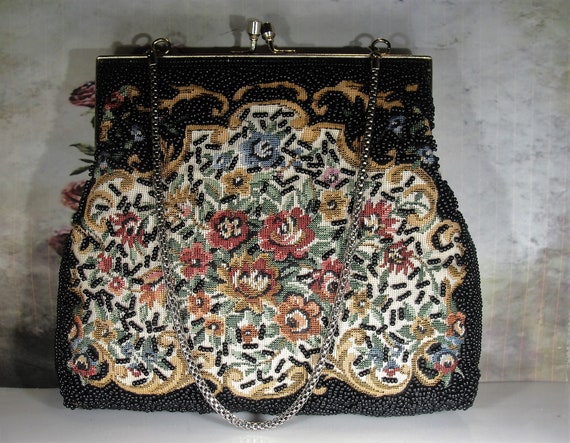 Tapestry and Bead Clutch Bag