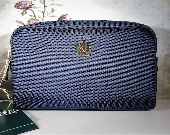 Lauren Ralph Lauren Blue Bainbridge Mini Double Zip Travel Case, Personal Essentials Bag, Small Zip Up Bag, Vintage Travel Bag