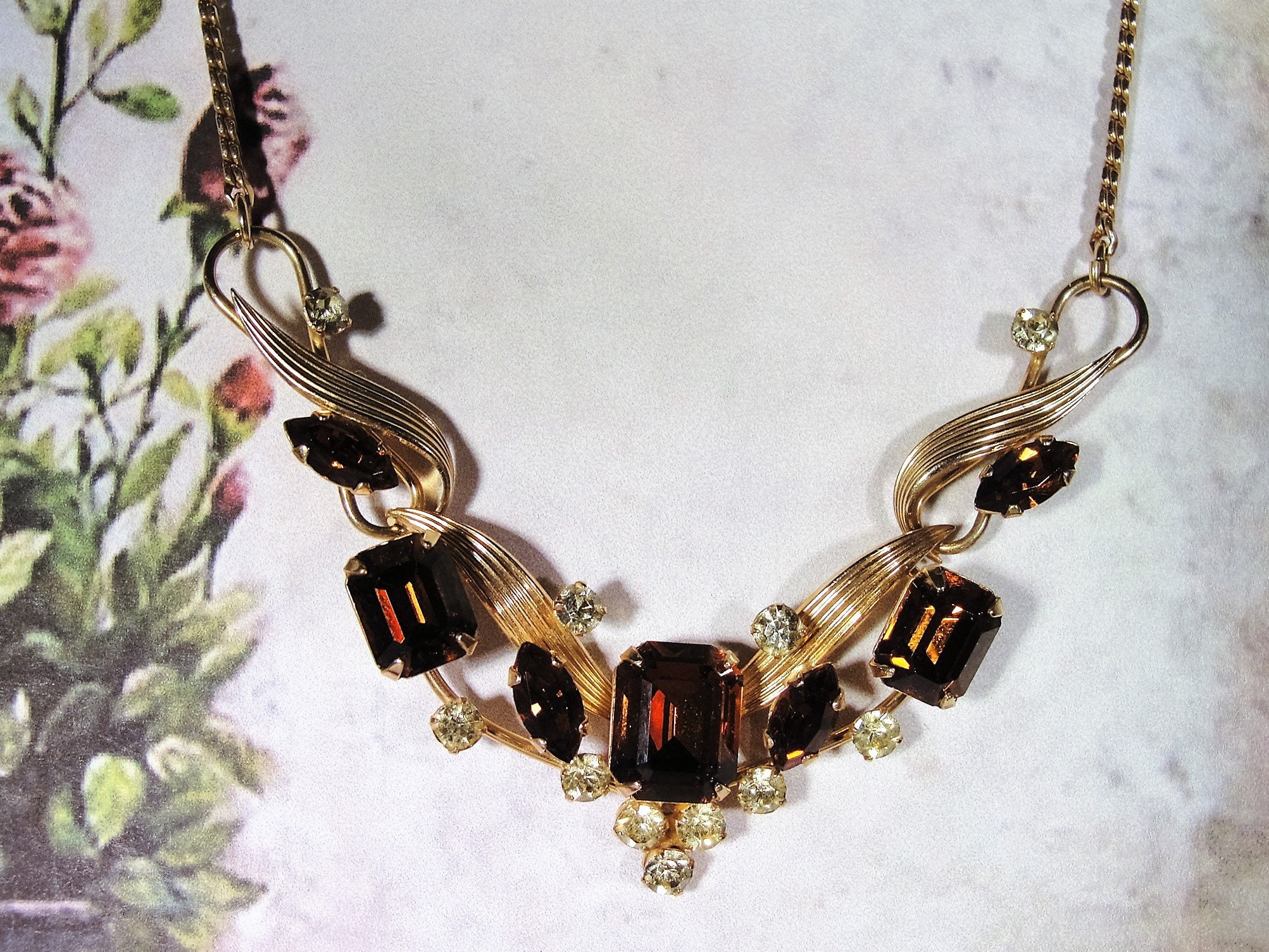 VAN DELL 1/20 12K Gold Filled Root Beer Colored Topaz Necklace and Earrings Jewelry Set, Vintage Jewelry Set VAN DELL 1/20 12K Gold Filled Root Beer Colored Topaz Necklace and Earrings Jewelry Set, Vintage Jewelry Set