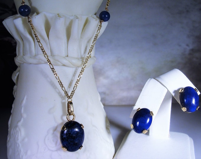 Jewelry Set - 14K Yellow Gold Blue Lapis Lazuli Necklace and Earrings Jewelry Set - Lariat Necklace - Pierced Earrings - Vintage Jewelry Set