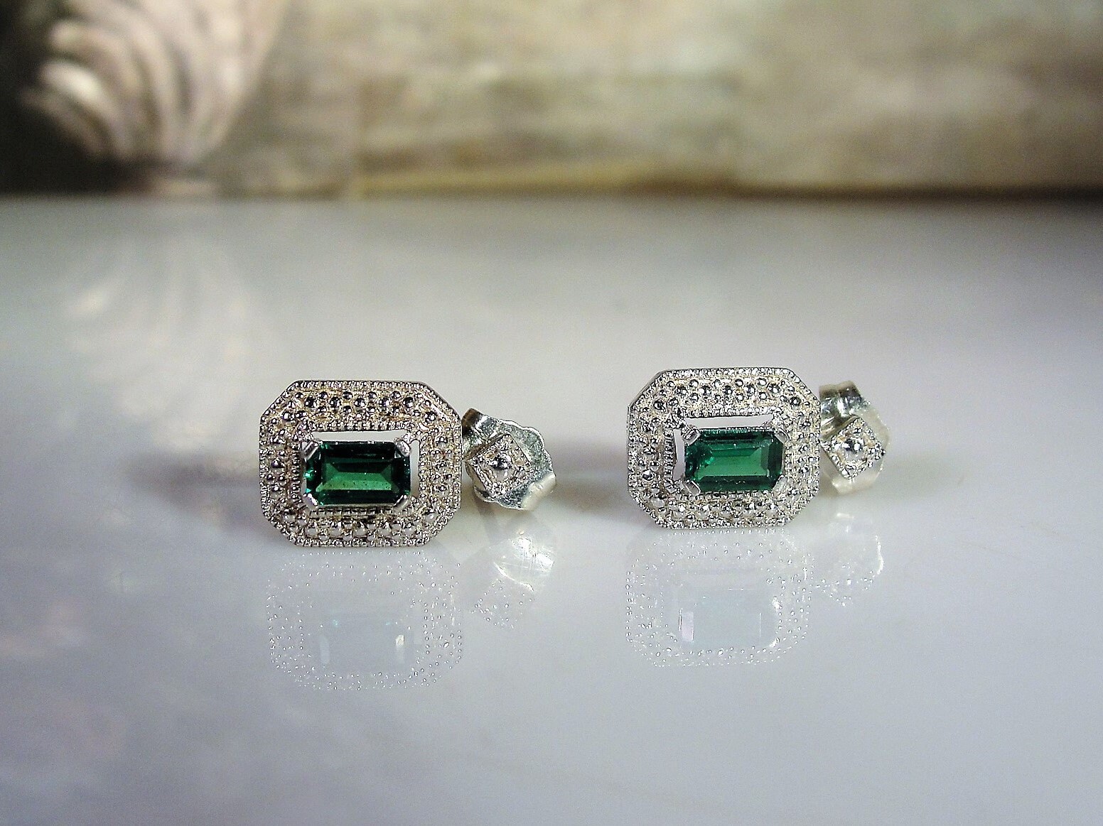 Synthetic Green Emerald Sterling Silver Earrings, Post Earrings, Stud