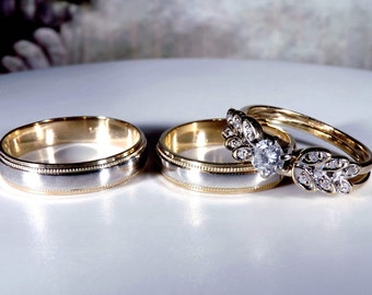 Wedding Ring Set, 14K Two Tone Gold Bride & Groom Wedding Rings, Diamond Engagement Ring, Wedding Bands, Bride Sz 7, Groom Sz 9, FREE SIZING