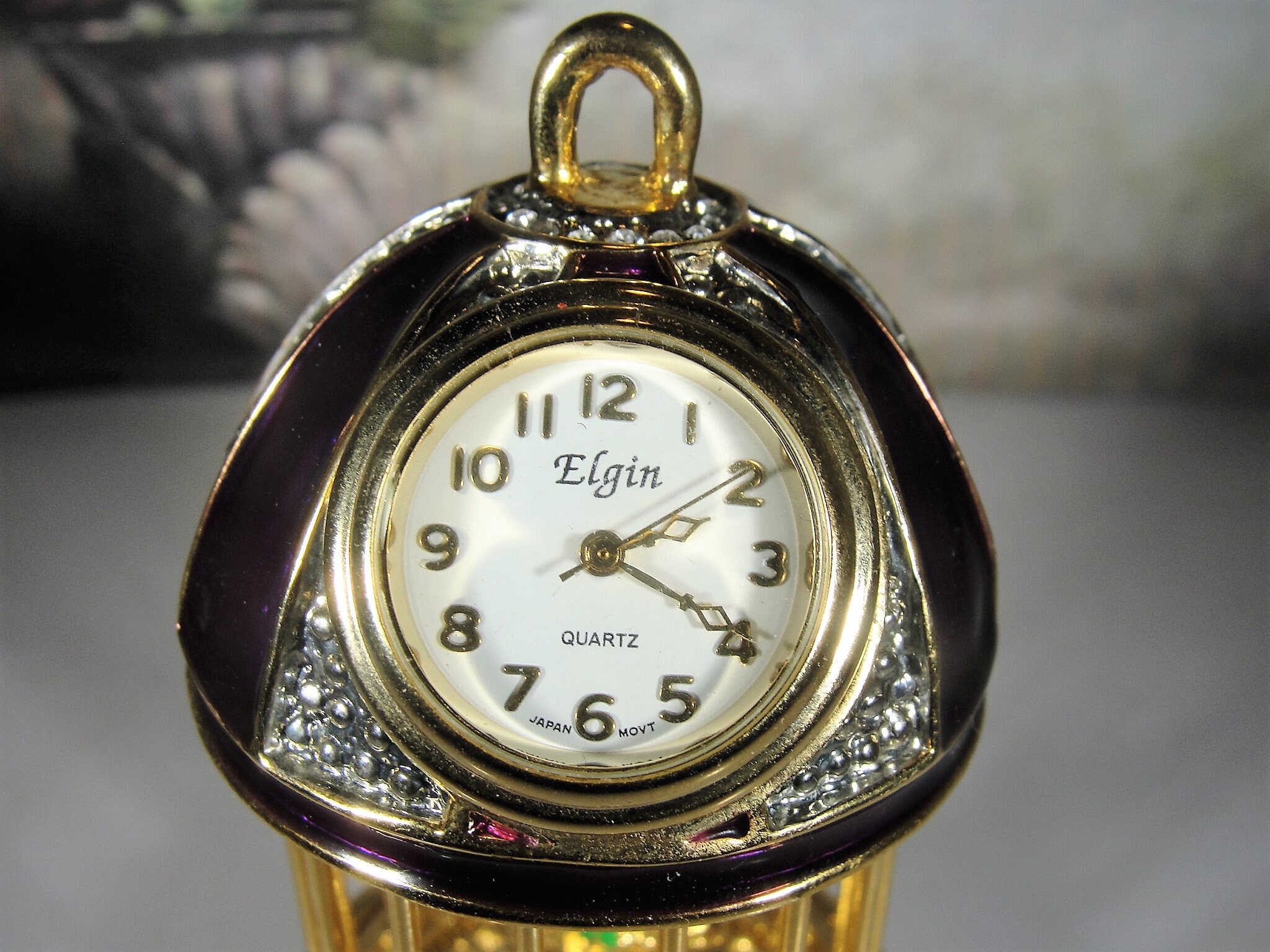 ELGIN Miniature Clock, Purple Enamel and Rhinestone Parakeet Birdcage