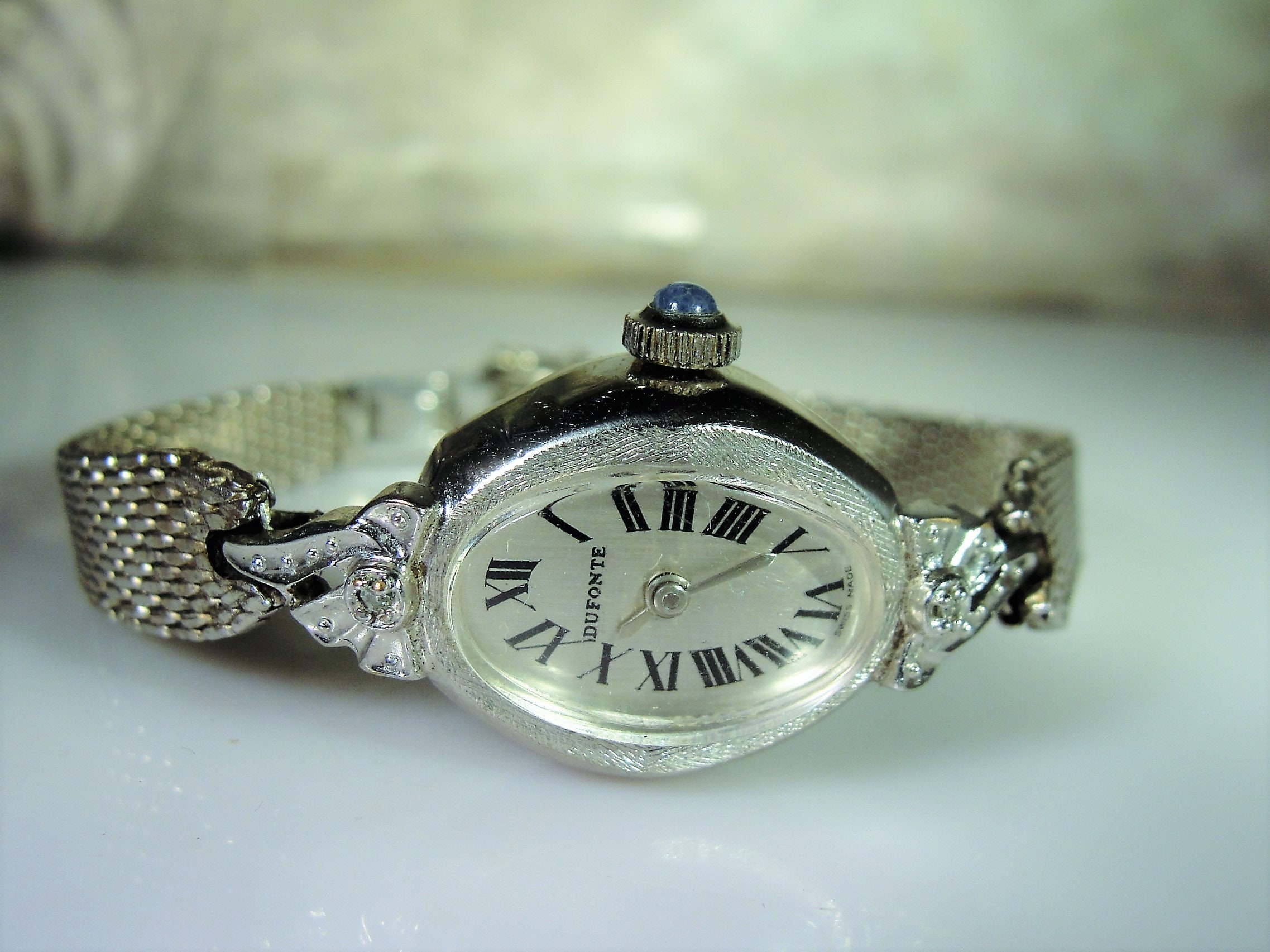 LUCIEN PICCARD Women’s Wrist Watch, White Gold Filled Mesh Band, Mechanical Watch, Blue Sapphire