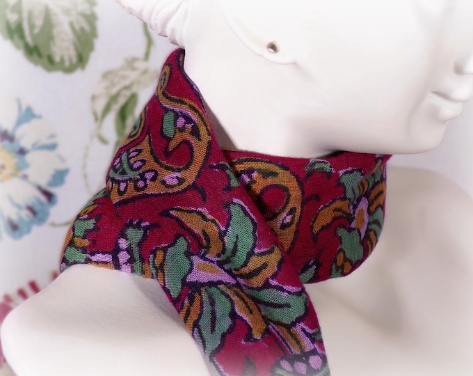 Vintage Scarf – Rectangular Paisley Scarf – 58 by 15 inches – Purple Background with Paisley, Flowers, and More – Outfit Accessory
