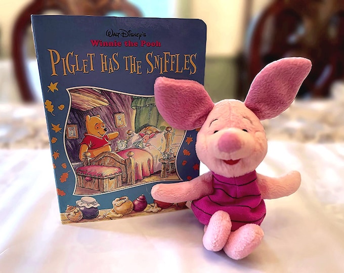 Winnie the Pooh Book – Piglet Has The Sniffles and Mattel Piglet Stuffed Animal – Vintage Child Book Set - Newborn Gift - Walt Disney Book