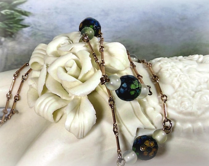 Gold Filled Hand Painted Beads with Frosted Glass Beads – Vintage 12K 1/20 Chain – 24 Inches