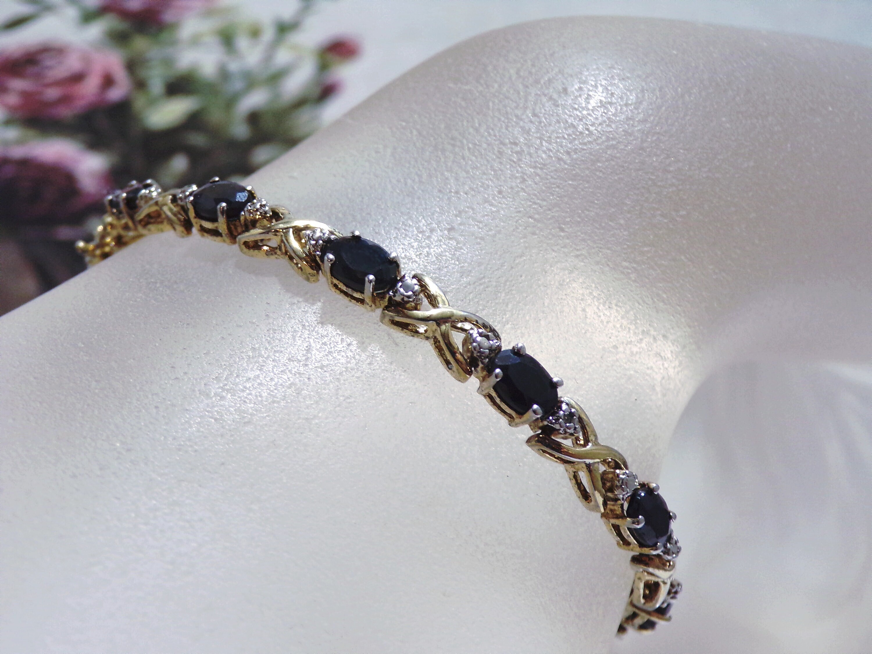 Sapphire and Diamond Gold Vermeil Tennis Bracelet, Sterling Silver Base