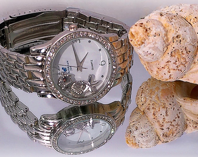 Women’s Caribbean Joe Beach Theme Watch with Sea Shore Charms – Rhinestones – 5 Link Stainless Steel Silver Band - Vintage