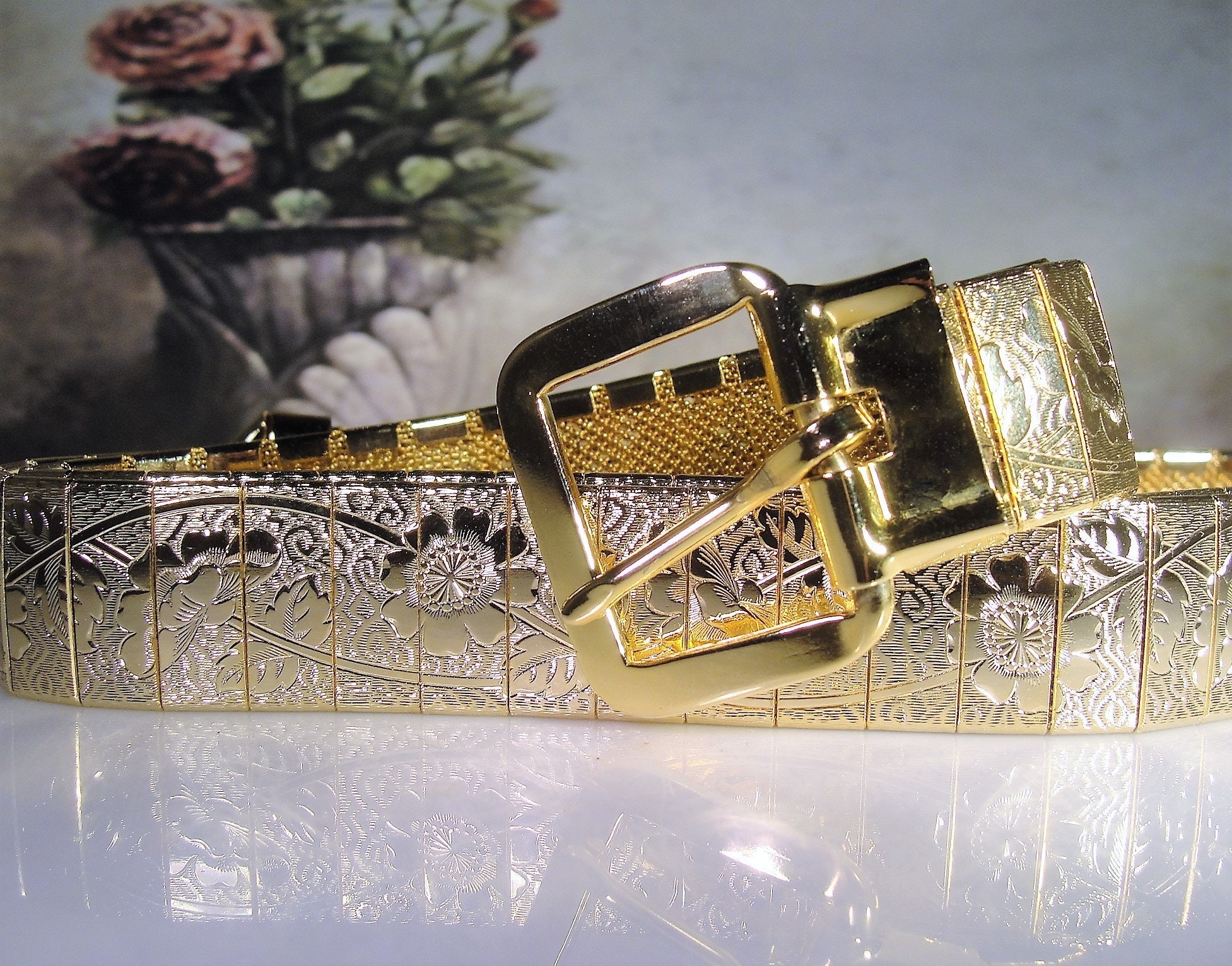 Vintage Floral Embossed Chased Gold Metal Belt, 33 Inches Long