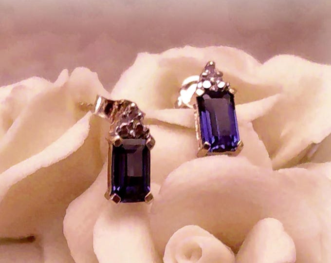 Sapphire and Diamond Earrings - 10K Gold Blue Sapphire & Diamond Earrings, Petite Stud Earrings, Lab Created Sapphires, Vintage Earrings