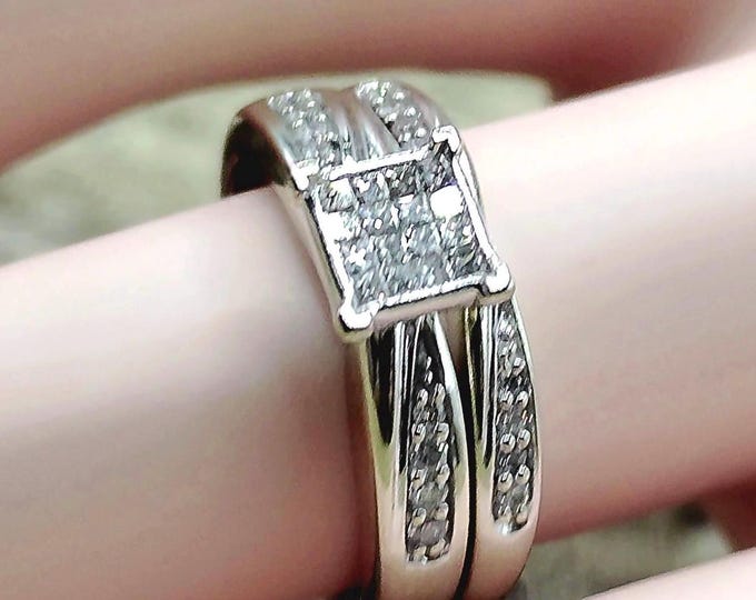 Vintage 10K White Gold Princess Style Diamond Cluster Bridal Ring Set - Size 6.5 - Free Sizing