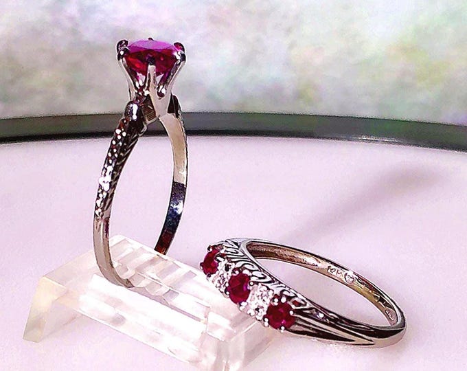Bridal Ring Set - 18K & 14K White Gold Art Deco Ruby and Diamond Rings - Engagement Ring - Trilogy Wedding Band - Size 5.75 - Free Sizing!!