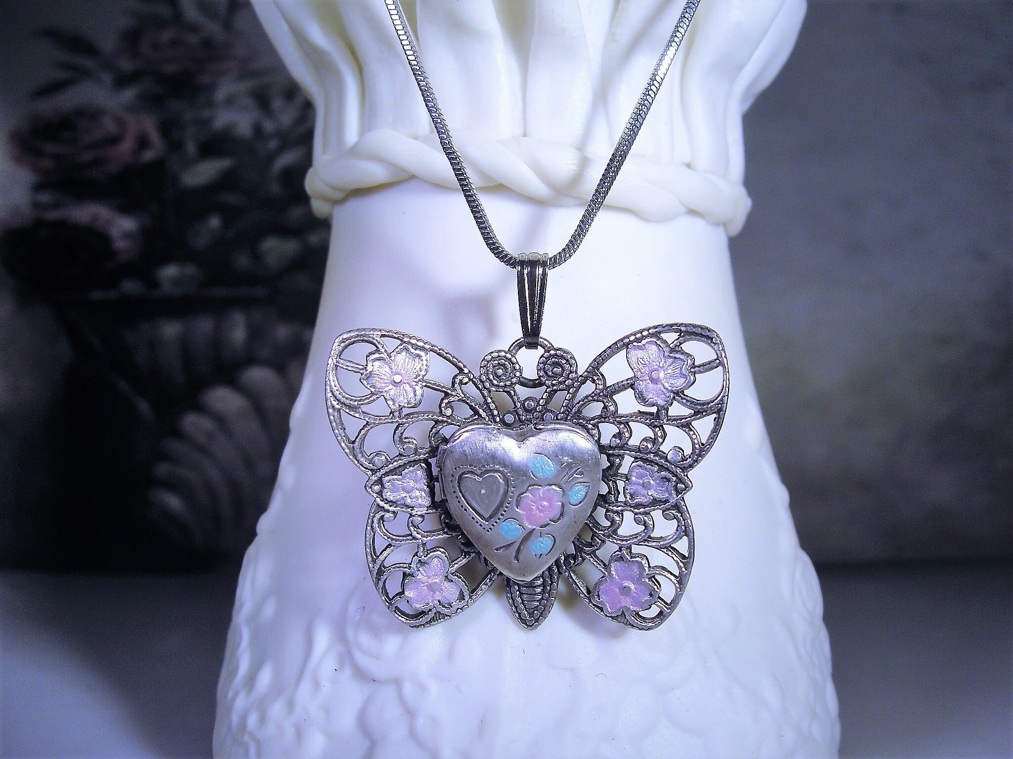 Antique Edwardian Sterling Silver Filigree Butterfly Heart Locket, Hand ...