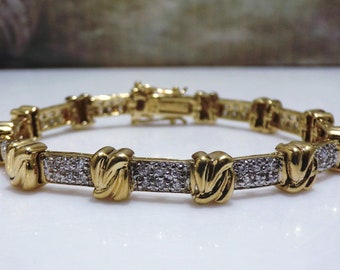 Gold Vermeil Pave CZ Diamond Bar Link Tennis Bracelet – White and Yellow Gold – CZ Diamonds – Heavy Link Bracelet – Vintage Bracelet