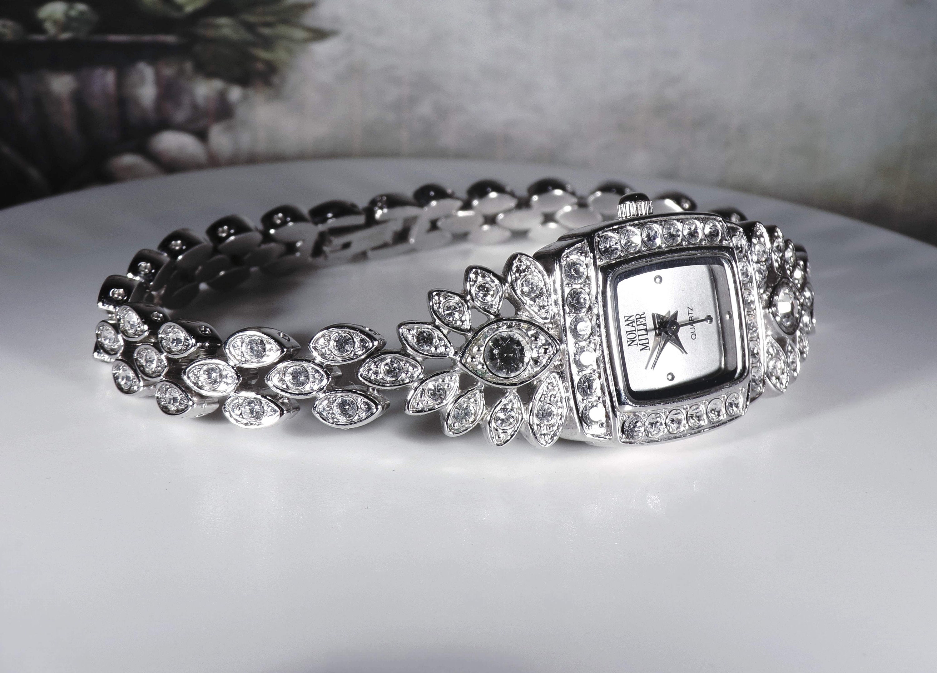 NOLAN MILLER Glamour Collection Rhinestone Silver Tone Ladies Wrist Watch Art Deco Style 1980s Jewelry Vintage Wrist Watch NOS