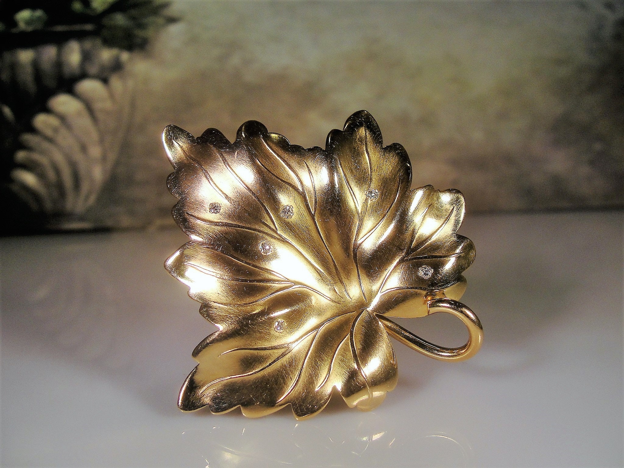 Fine Jewelry Brooch, Vintage 14K Yellow Gold and Diamond Maple Leaf