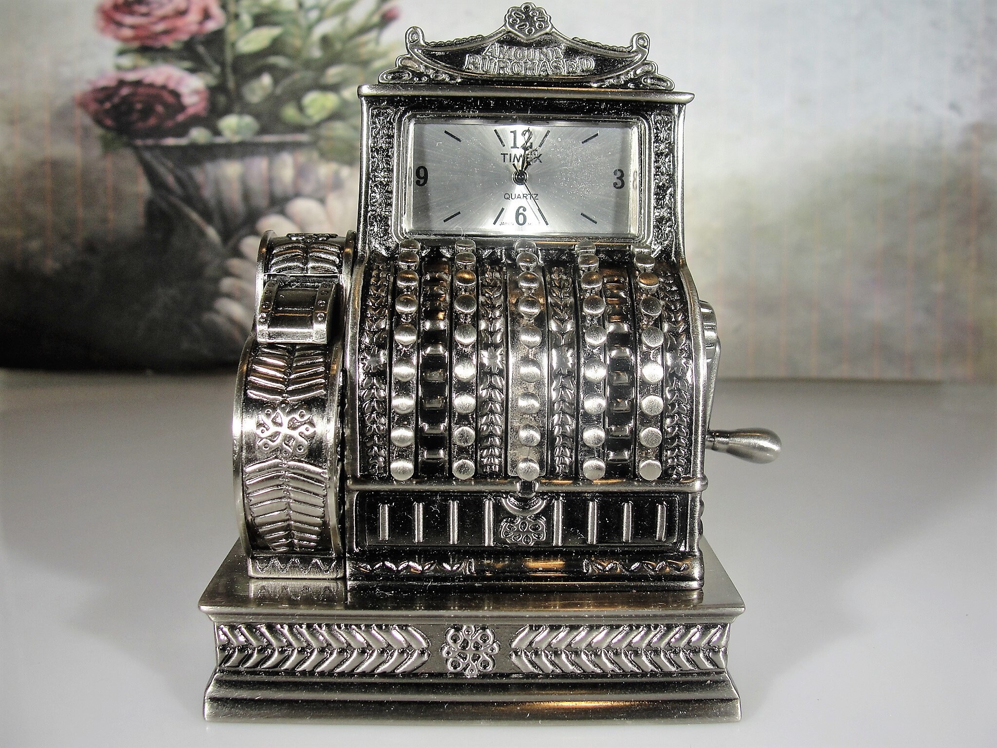 TIMEX Old Fashioned Cash Register Miniature Clock, Pewter Steel, Quartz Clock, Collectible