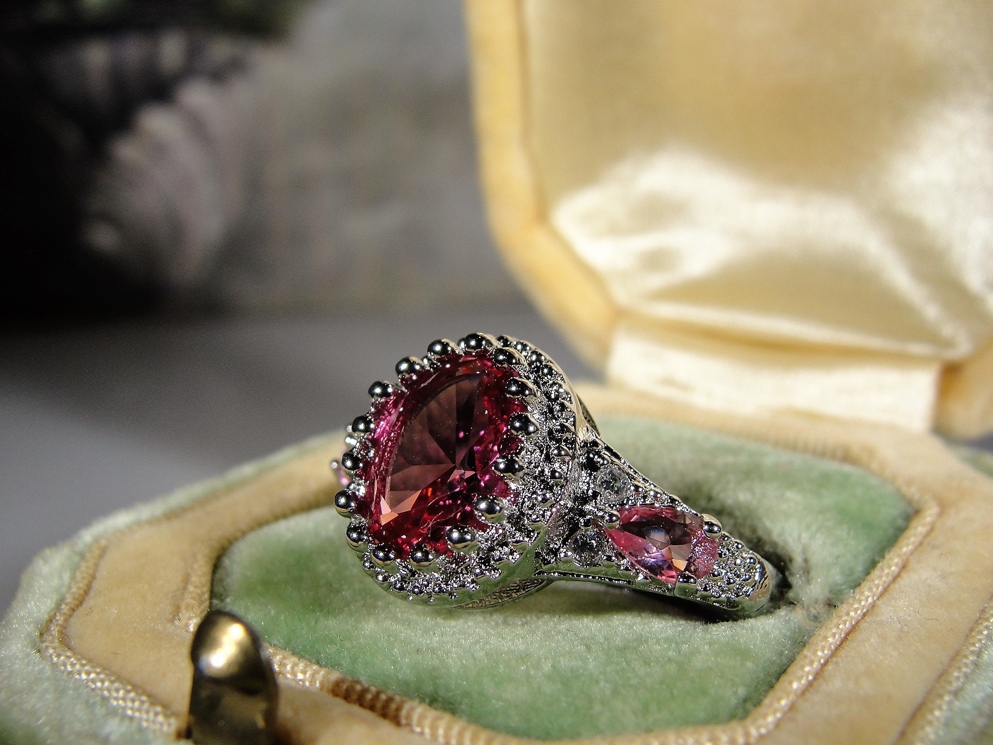 Sterling Pink Glass Ring, Pink Glass Ring with a Crown Mounting and Rhodium Plating, Right Hand