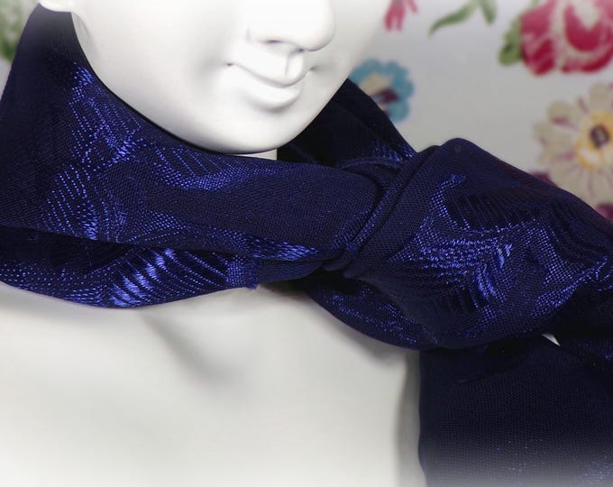 Vintage Scarf – Rectangular Sheer Brocade Floral Pattern Scarf – 58 by 11 inches – Deep Blue with Flowers – Outfit Accessory