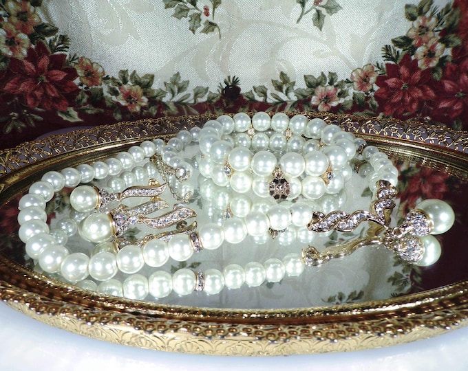 Pearl Jewelry Set – Monet Pearl & Rhinestone Gold Tone Jewelry Set – Necklace – Pierced Dangle Earrings – Stretch Bracelet – Vintage Set