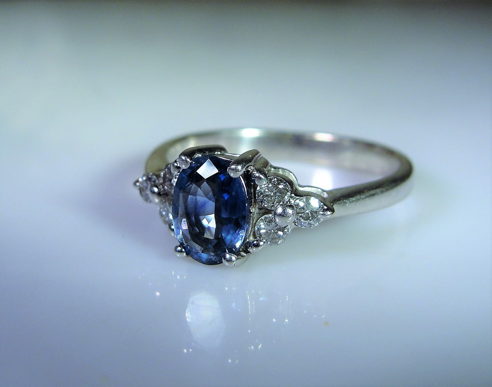 14K White Gold Blue Ceylon Sapphire and Diamond Ring, Sapphire and ...