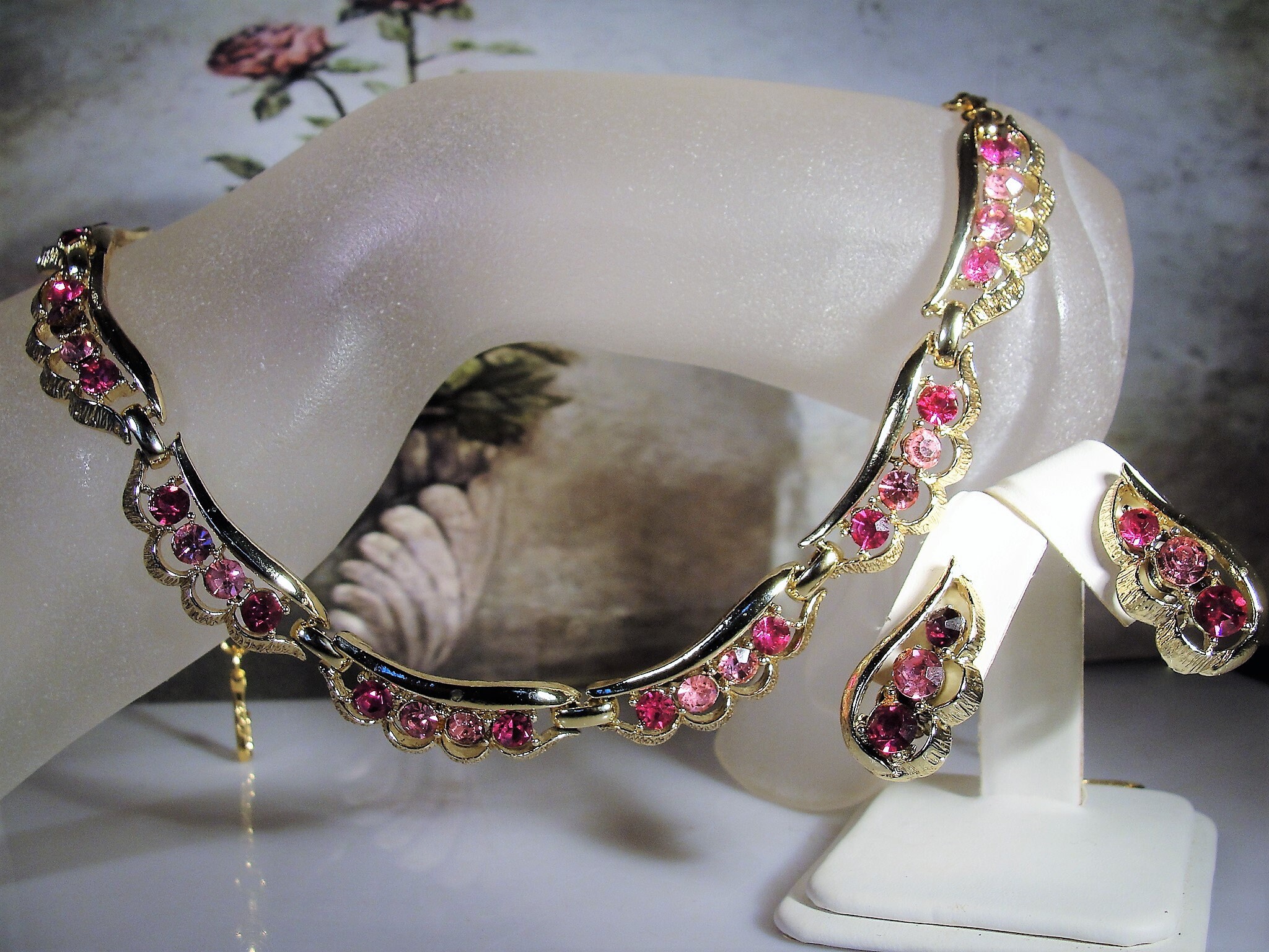 CORO Jewelry Set, Pink Midcentury Jewelry Set, Pink Rhinestone Necklace