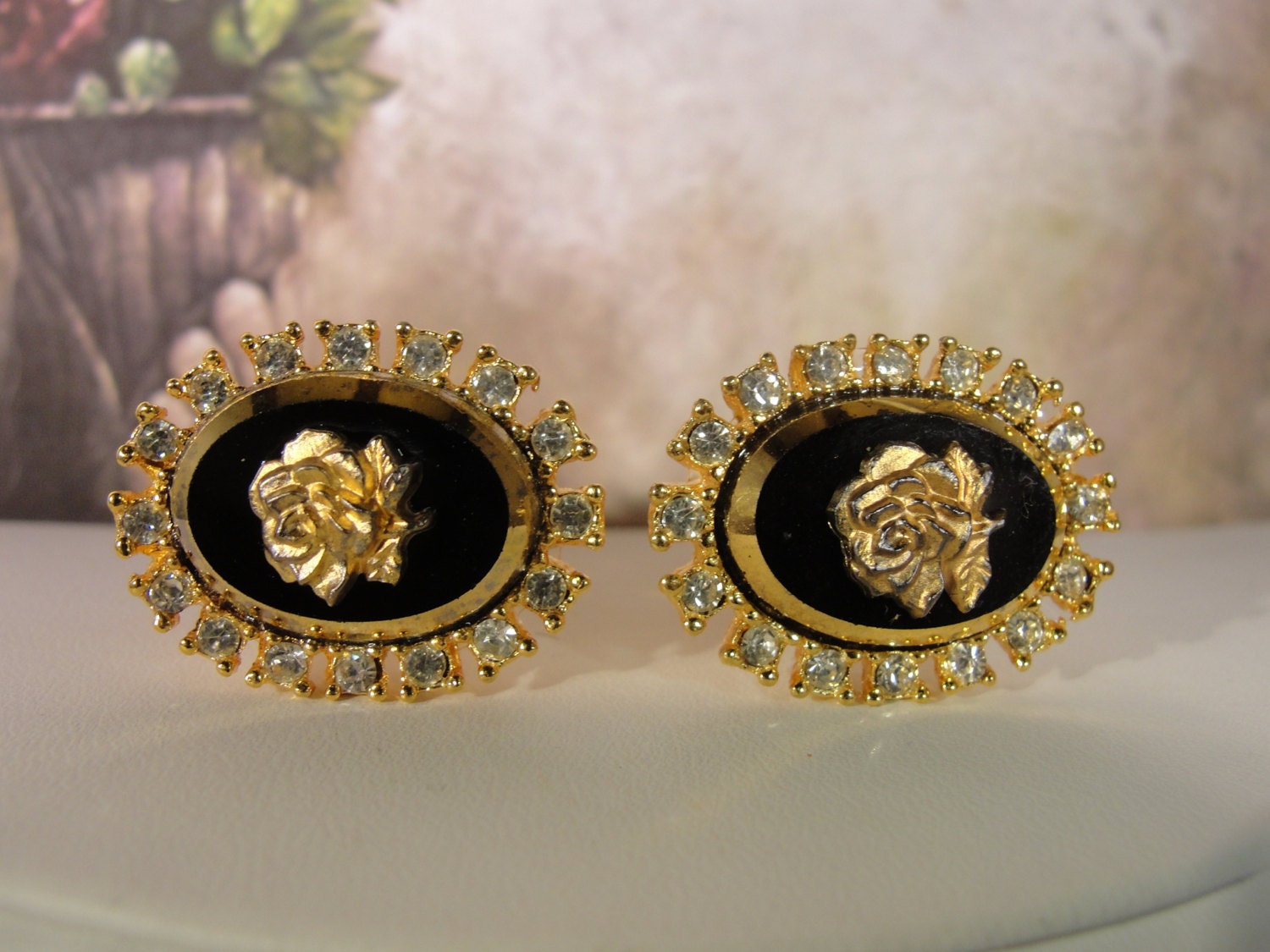 Cufflinks Earrings Set, Celebrity New York Earrings & Cufflinks Set, Black Beveled Glass, Gold