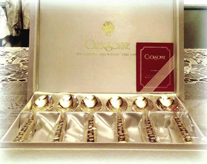 Cloisonne Silverware – Hinode Japan Cloisonne Red Enamel Floral Gold Plated Teaspoon Silverware – Set of 6 Gold Teaspoons – Vintage (NOS)