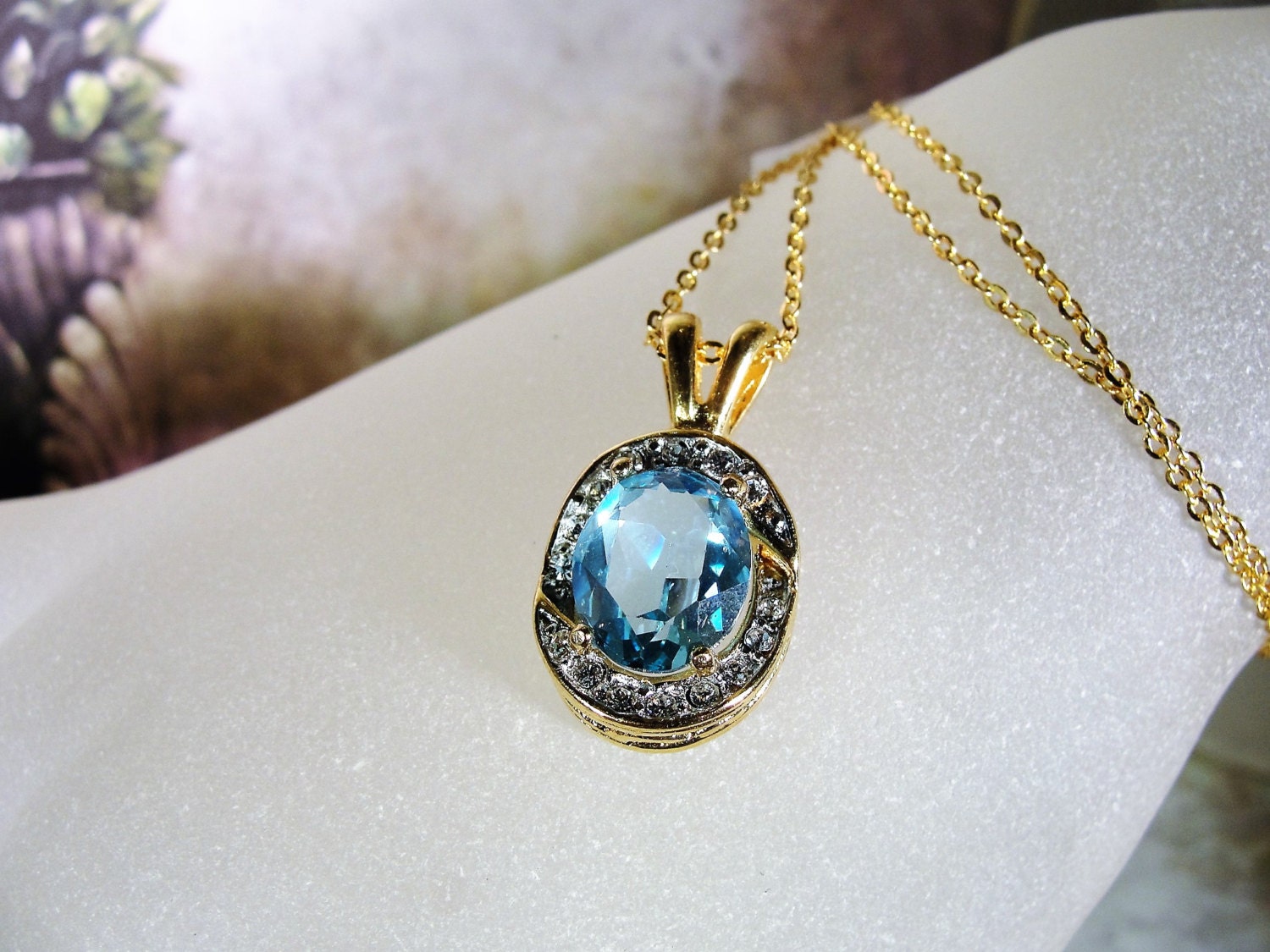 Blue Glass Necklace, Blue Glass Pendant, Swiss Blue Topaz Colored Stone