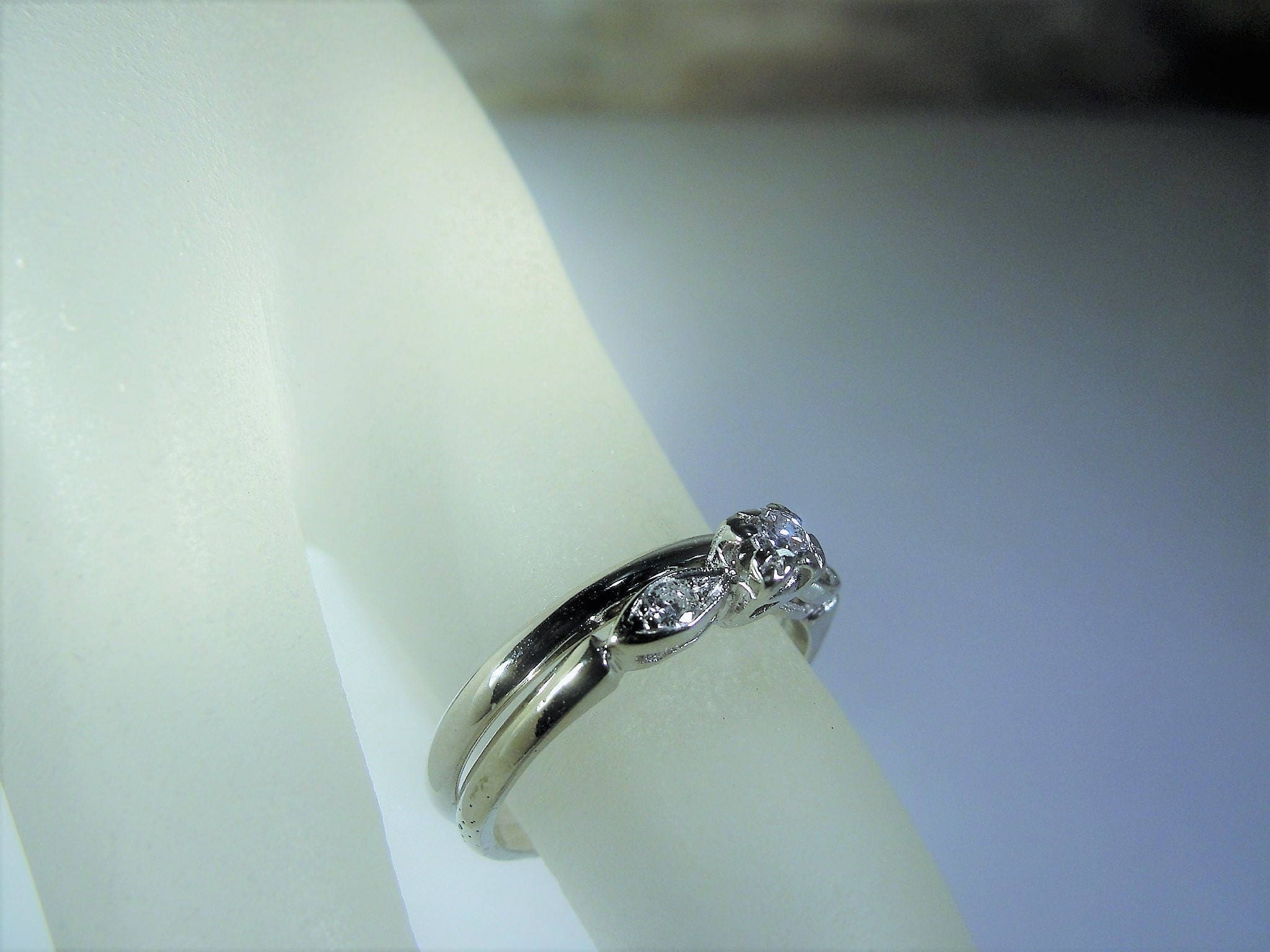 14K White Gold Bride and Groom Rings, Diamond Engagement Ring, Bride