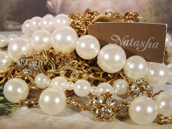 NATASHA Pearl Necklace, Pearl & Rhinestone Necklace, Gold Tone Chains ...