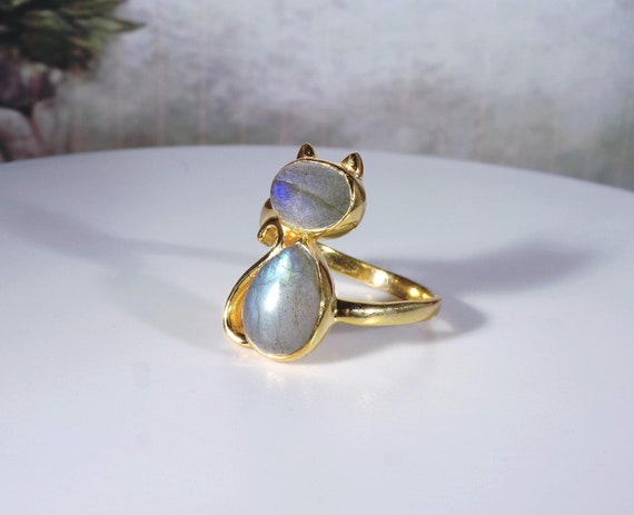 Labradorite Cat Ring – Gold Vermeil Bluish Gray C… - image 4