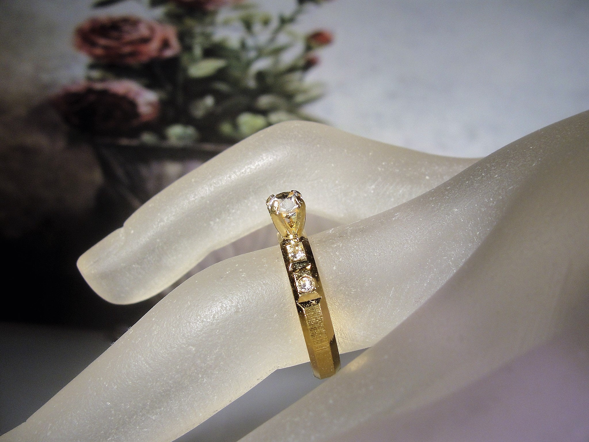 Rhinestone Solitaire Gold Tone Fashion Ring, Faux Engagement Ring