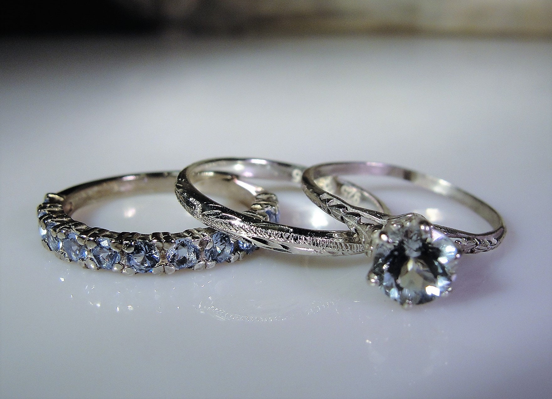 RESERVED!!: Victorian Bridal Set, Aquamarine Rings, Sterling Silver