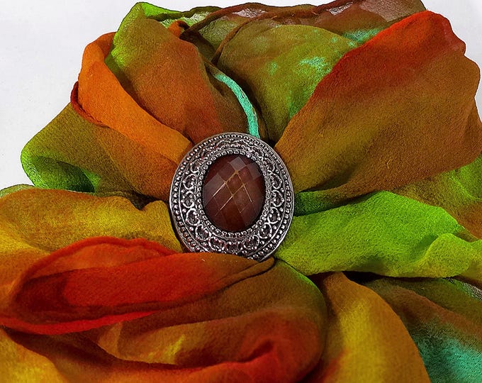 Vintage Rayon Scarf and Ring Set – Autumn Hues, Lucite Stone