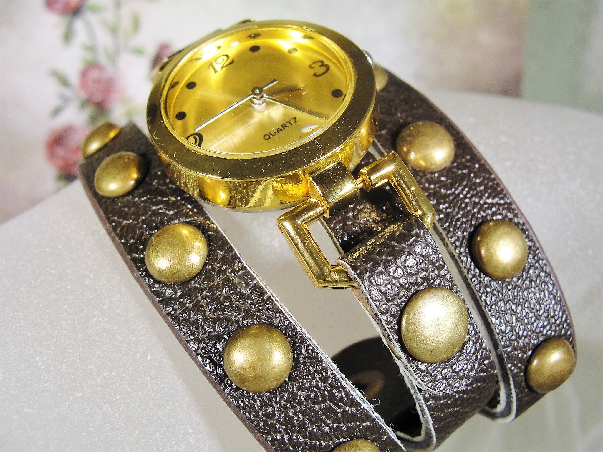 Women's Wrist Watch, Studded Wrist Watch, Gold Tone & Brass Watch, Faux