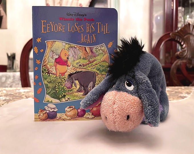 Winnie the Pooh Book – Eeyore Loses His Tail…Again Board Book and Gund Eeyore Stuffed Animal – Vintage Child Book Set - Walt Disney Book