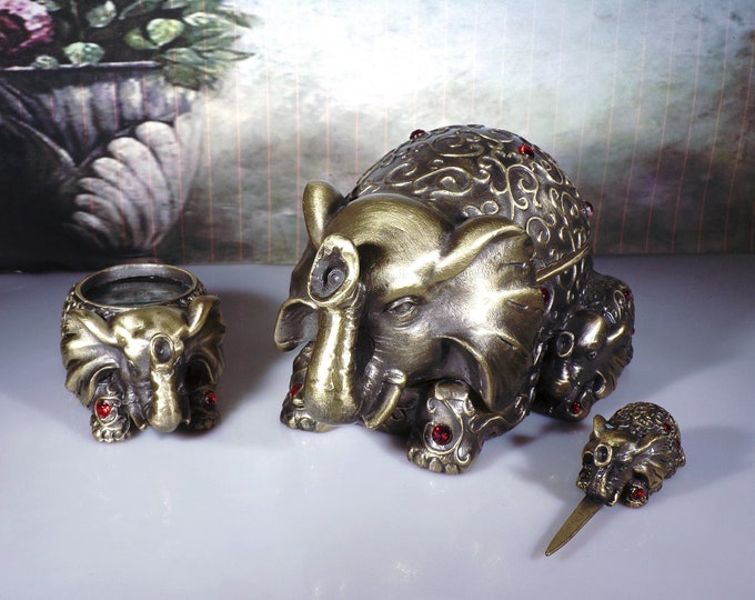 Brass Elephants - Bombay Company Desk Set - Red Rhinestone Elephant Trinket Box - Letter Opener - Magnifying Glass – Paperweight Collectible