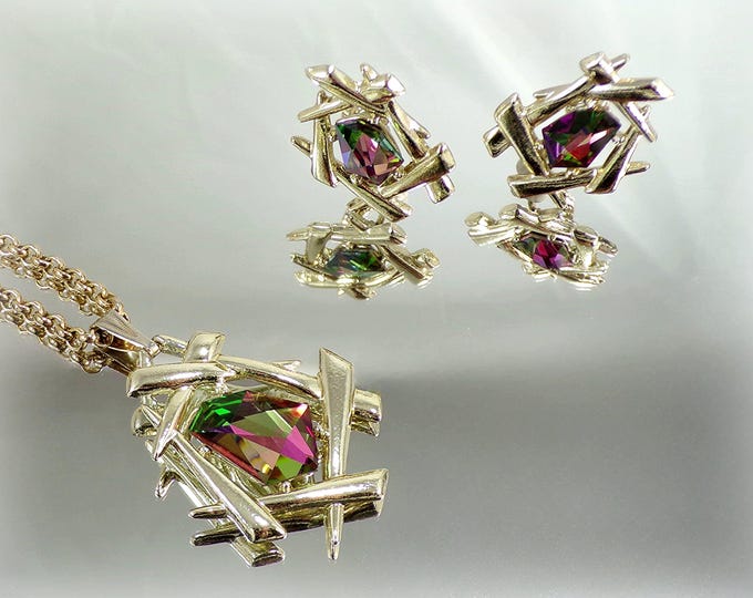 Sarah Coventry Jewelry Set – Necklace and Clip on Earrings – Watermelon Rhinestones – Chinese Modern Collection - Vintage – Circa 1960s