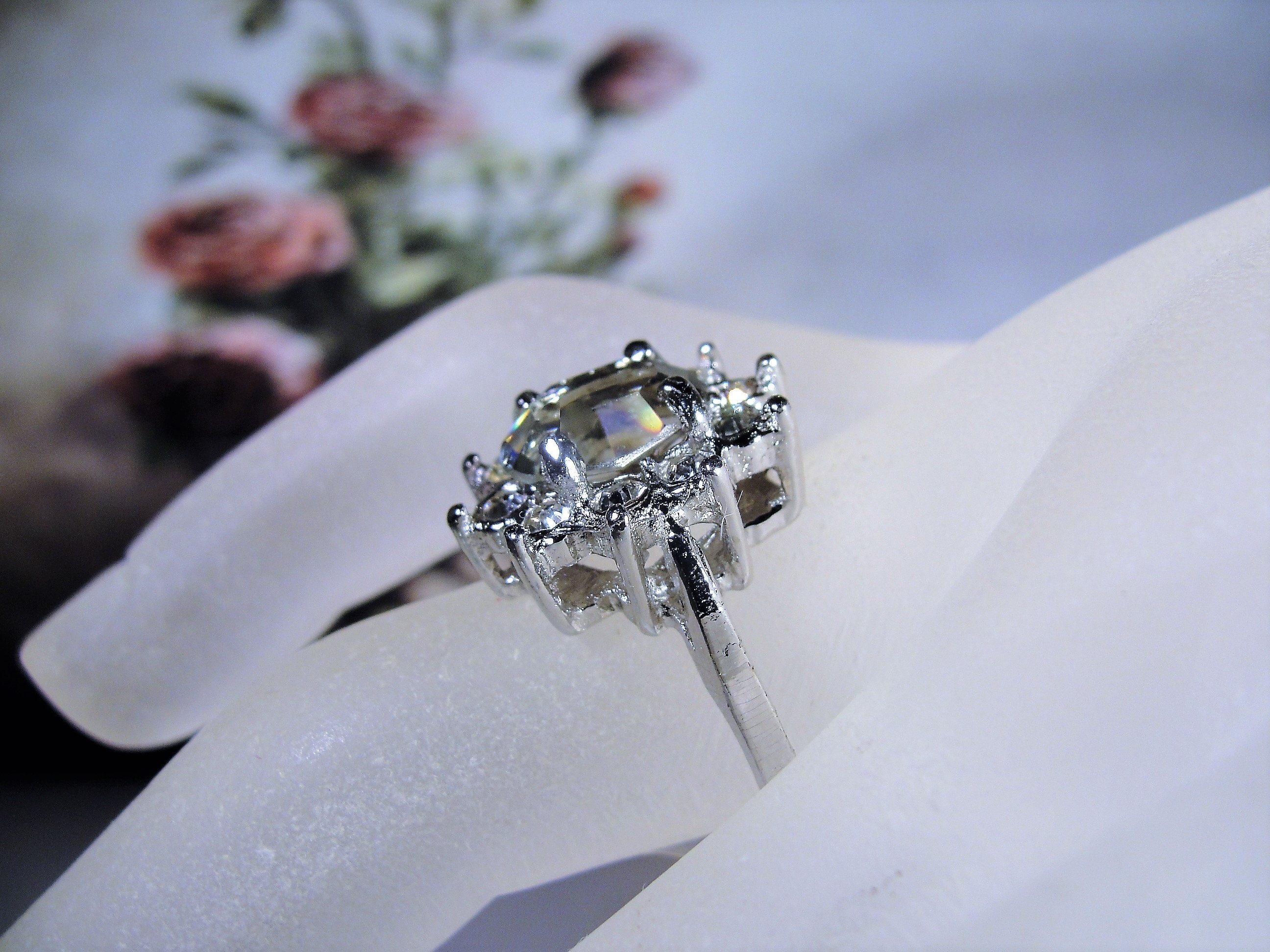 SETA Ring, Gray Glass Rhinestone Silver Ring, Fashion Ring, Halo Ring