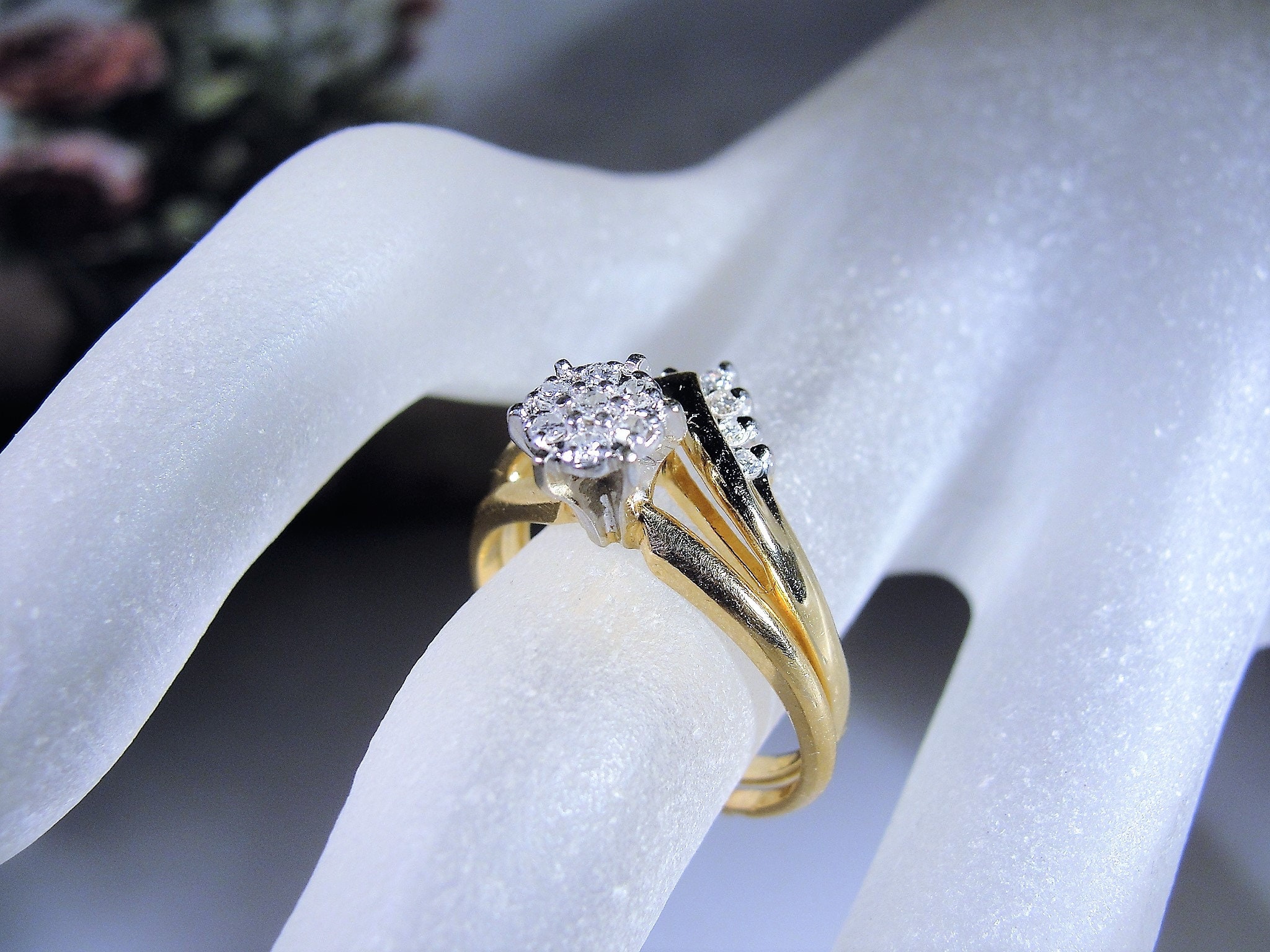 Bridal Ring Set, 14K Gold Diamond Cluster Engagement Ring, Diamond