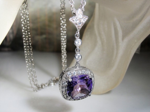 Amethyst Necklace, Sterling Silver Art Deco Purpl… - image 1